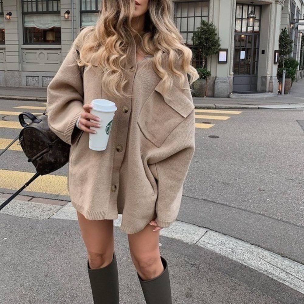 Zara Women's Knit Beige Oversized Shirt with Pockets Size S